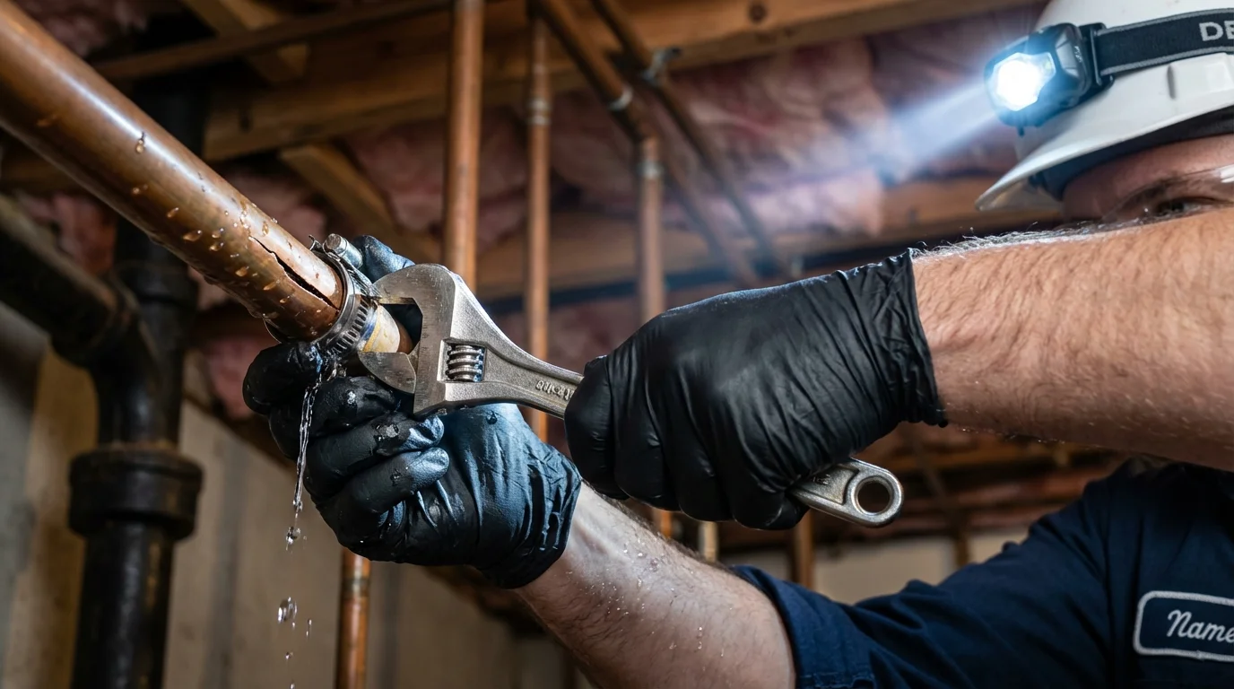 Emergency pipe clamp repair being performed by a Johns Plumbing LLC plumber in Round Lake