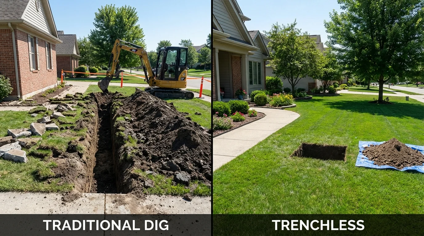 Trenchless sewer repair with minimal yard damage versus traditional excavation in Round Lake, IL