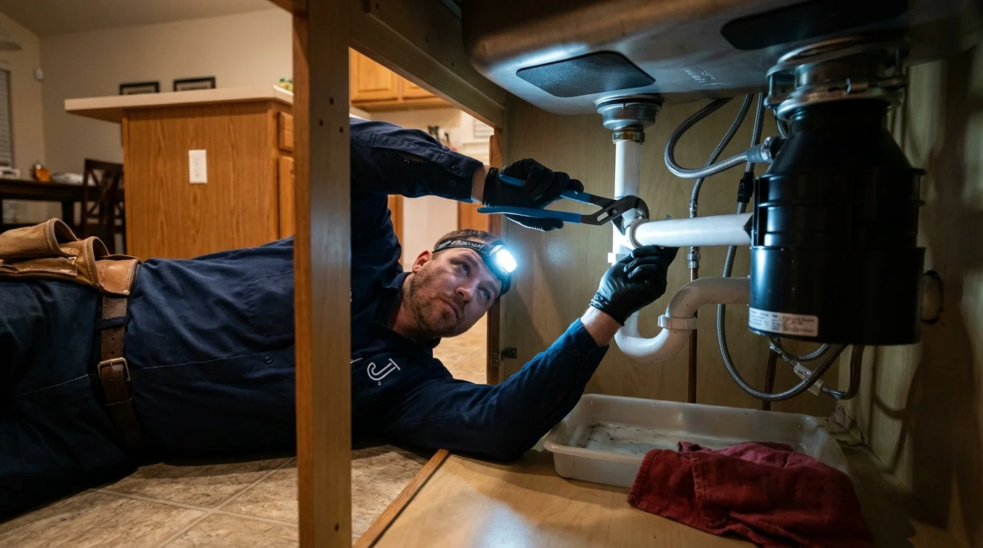P-trap and supply line connections under a kitchen sink showing a common leak point in Round Lake, IL